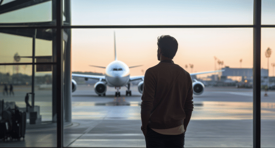 person looking out at a plane on the runway