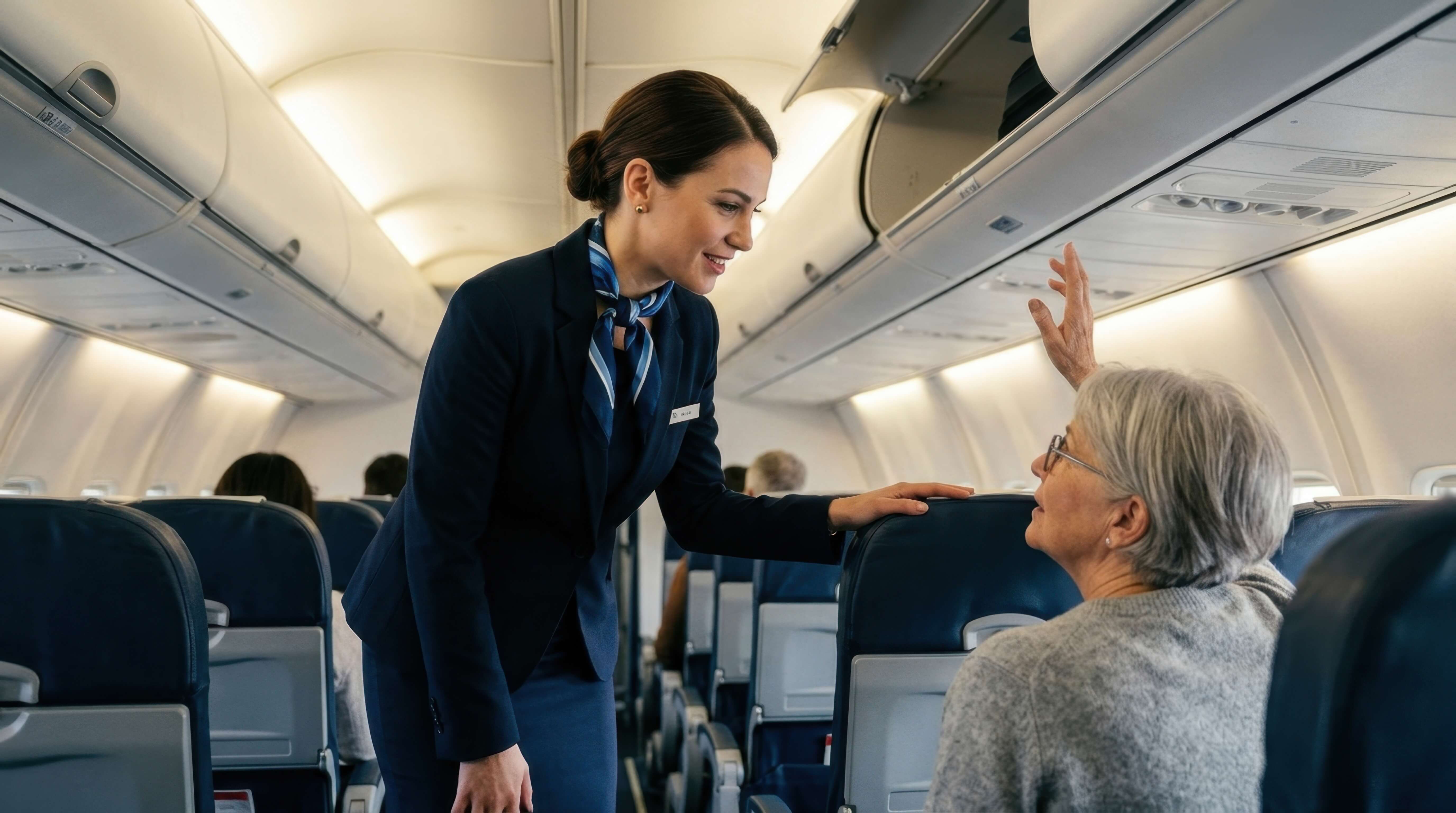 cabin crew assisting a passenger 